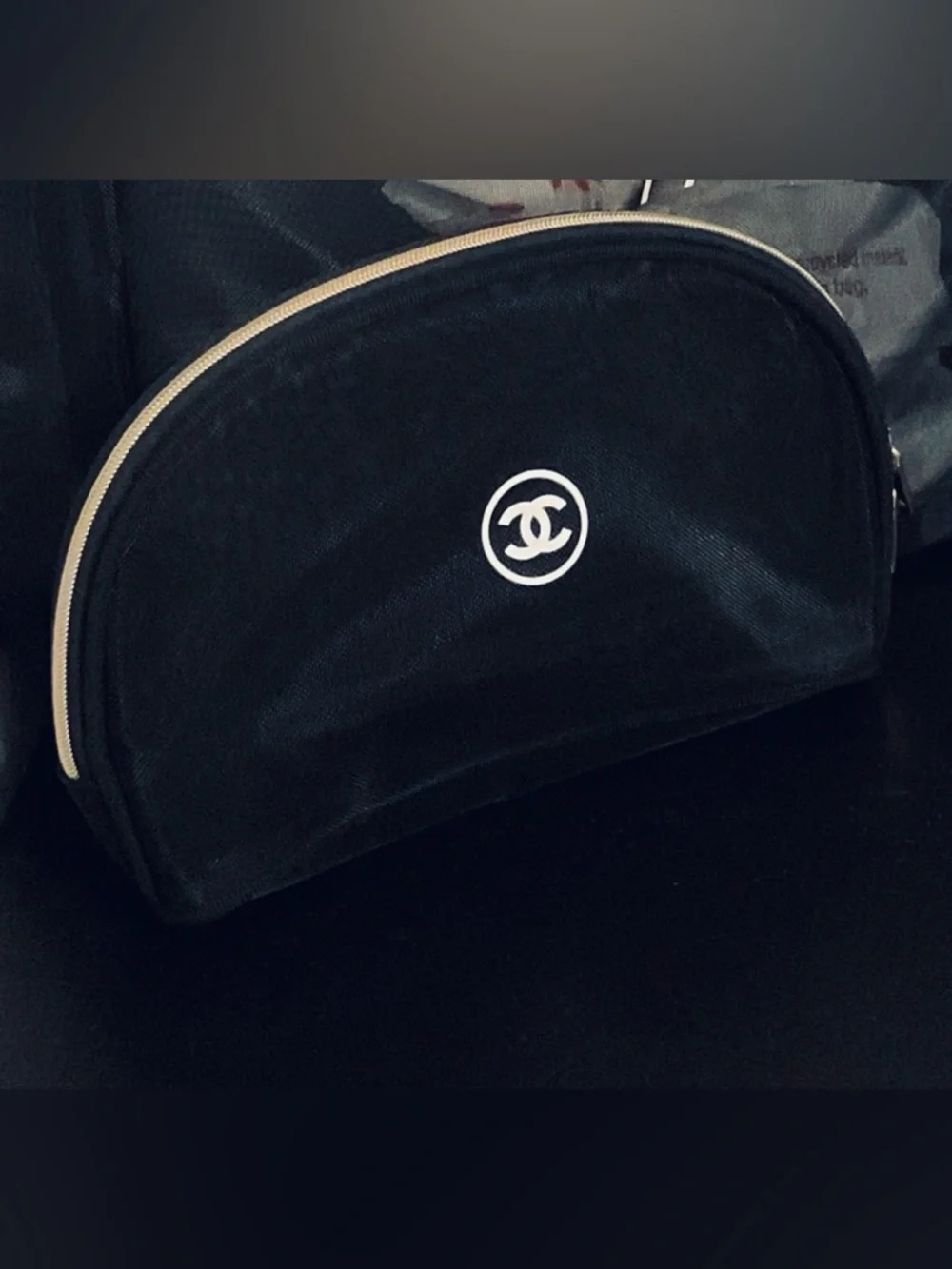 CHANEL Black Mesh Tote with White Logo and Matching Black Pouch - Picture 4 of 4